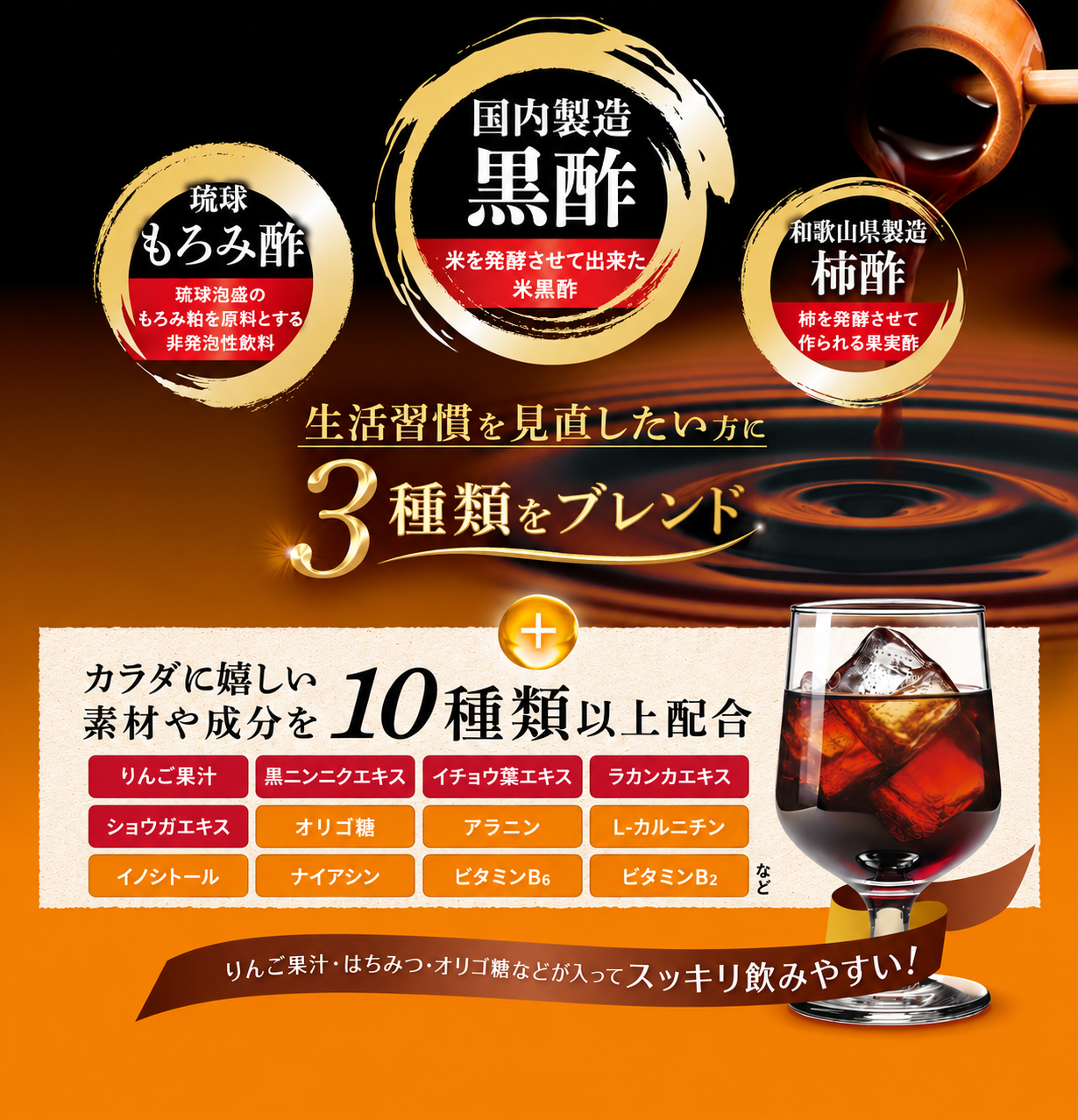 3種類をブレンドした黒酢の特長