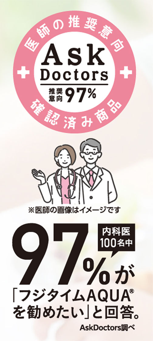 医師の推奨意向確認済み商品 内科医100名中97%が「フジタイムAQUA®を勧めたい」と回答。AskDoctors調べ