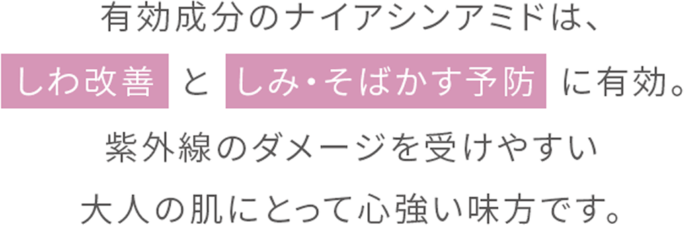 有効成分のナイアシンアミドは、しわ改善としみ・そばかす予防に有効。紫外線のダメージを受けやすい大人の肌にとって心強い味方です。