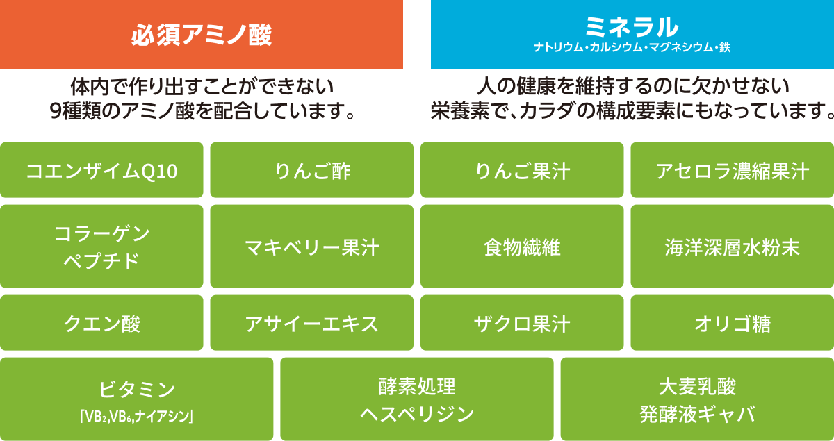 必須アミノ酸 体内で作り出すことができない9種類のアミノ酸を配合しています。 ミネラル（ナトリウム・カルシウム・マグネシウム・鉄） 人の健康を維持するのに欠かせない栄養素で、カラダの構成要素にもなっています。 コエンザイムQ10 りんご酢 りんご果汁 アセロラ濃縮果汁 コラーゲンペプチド マキベリー果汁 食物繊維 海洋深層水粉末 クエン酸 アサイーエキス ザクロ果汁 オリゴ糖 ビタミン「VB2,VB6,ナイアシン」 酵素処理ヘスペリジン 大麦乳酸発酵液ギャバ