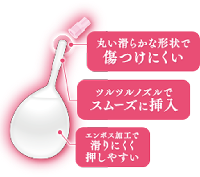 丸い滑らかな形状で傷つけにくい ツルツルノズルでスムーズに挿入 エンボス加工で滑りにくく押しやすい