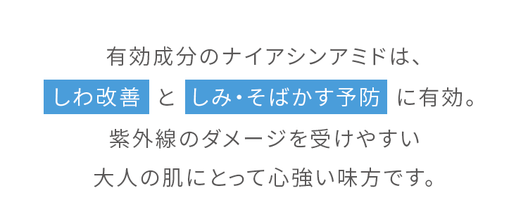 ナイアシンアミドは、しわ改善としみ・そばかす予防に有効。