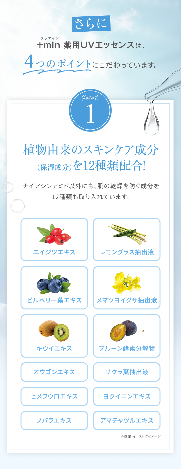 POINT1　植物由来のスキンケア成分（保湿成分）を12種類配合！